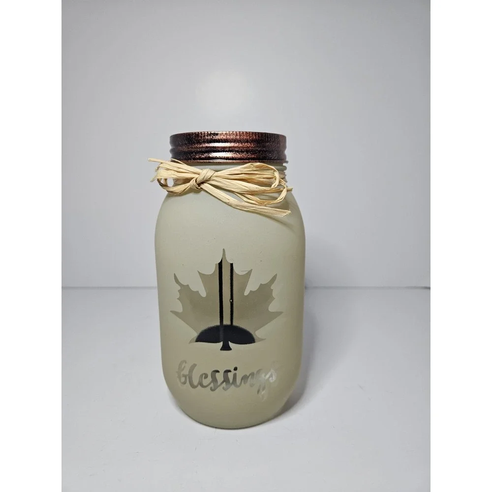 Frosted Mason Jar Candle Holder Fall Blessings Maple Leaf Tea Light Decor Raffia